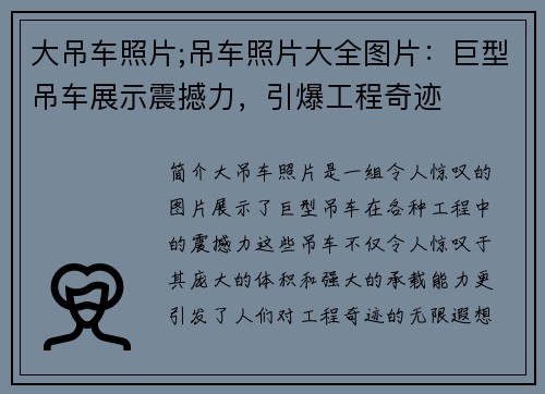 大吊车照片;吊车照片大全图片：巨型吊车展示震撼力，引爆工程奇迹